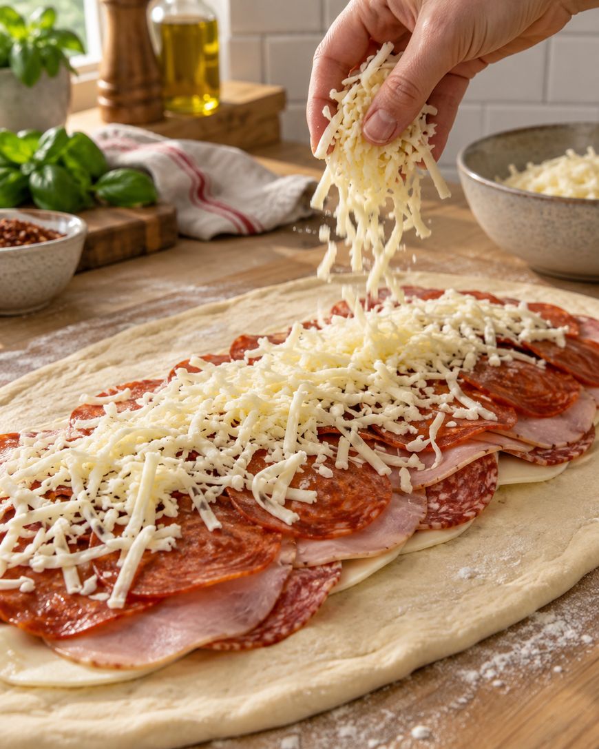 A hand sprinkles shredded cheese over layers of pepperoni, ham, and salami on dough, preparing a stromboli on a wooden surface with bowls and fresh ingredients nearby.