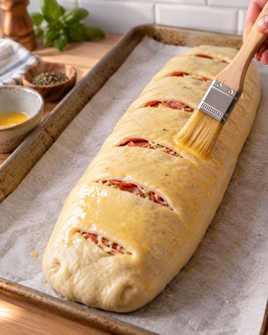 A hand brushes egg wash onto an unbaked stromboli filled with cheese and pepperoni on a parchment-lined baking sheet, ready for the oven. Bowls of ingredients sit in the background.