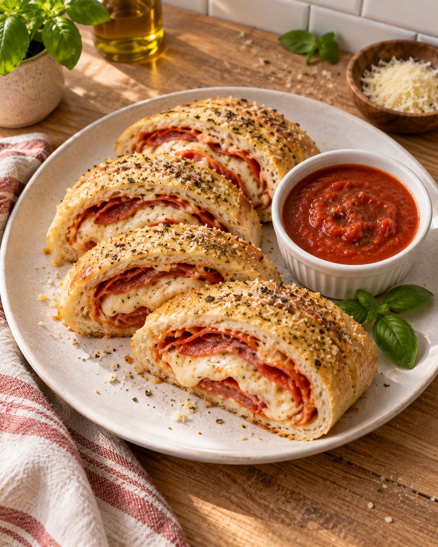Four slices of cheesy pepperoni stromboli sit on a plate with a small cup of marinara sauce for dipping. Herbs are sprinkled on top, and a striped towel, basil, and grated cheese are nearby.