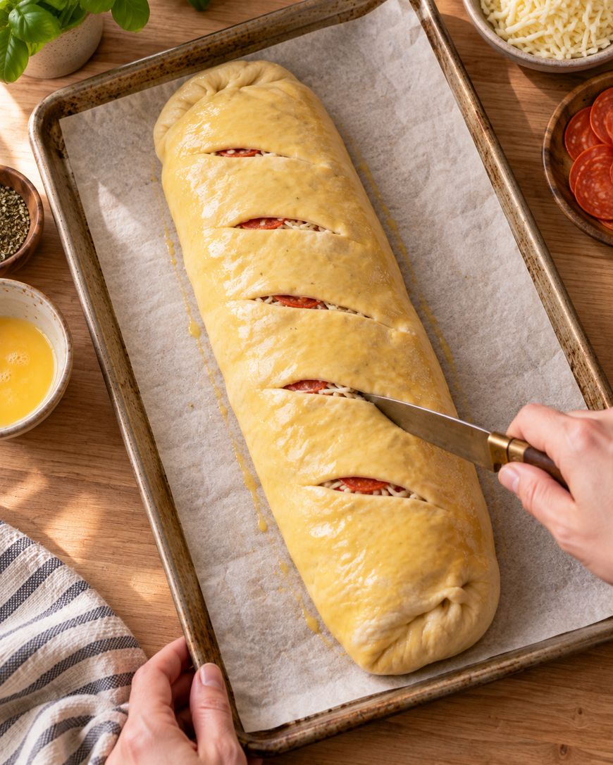 A person slices a golden-brown stromboli on a parchment-lined baking sheet. Bowls of pepperoni, cheese, and egg wash are nearby on a wooden table.