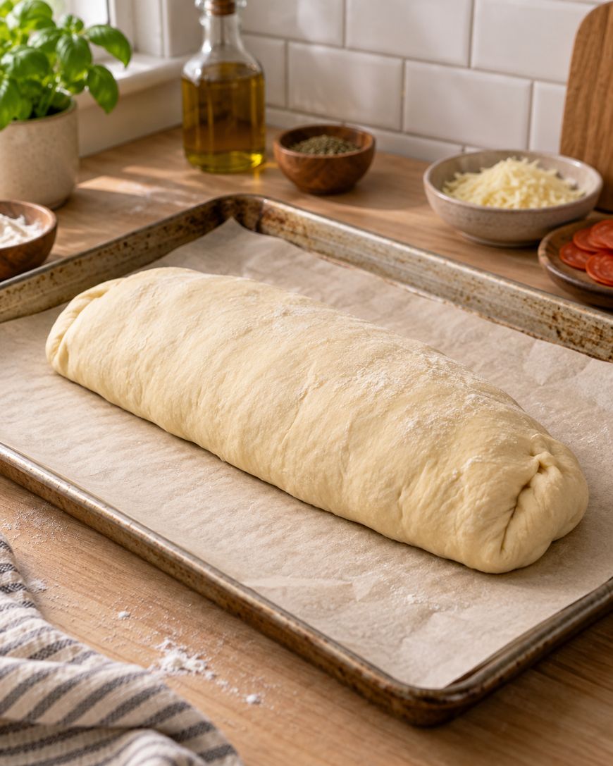 A rolled, uncooked dough log on a parchment-lined baking sheet, surrounded by bowls of grated cheese, spices, pepperoni slices, olive oil, and a basil plant on a kitchen counter.