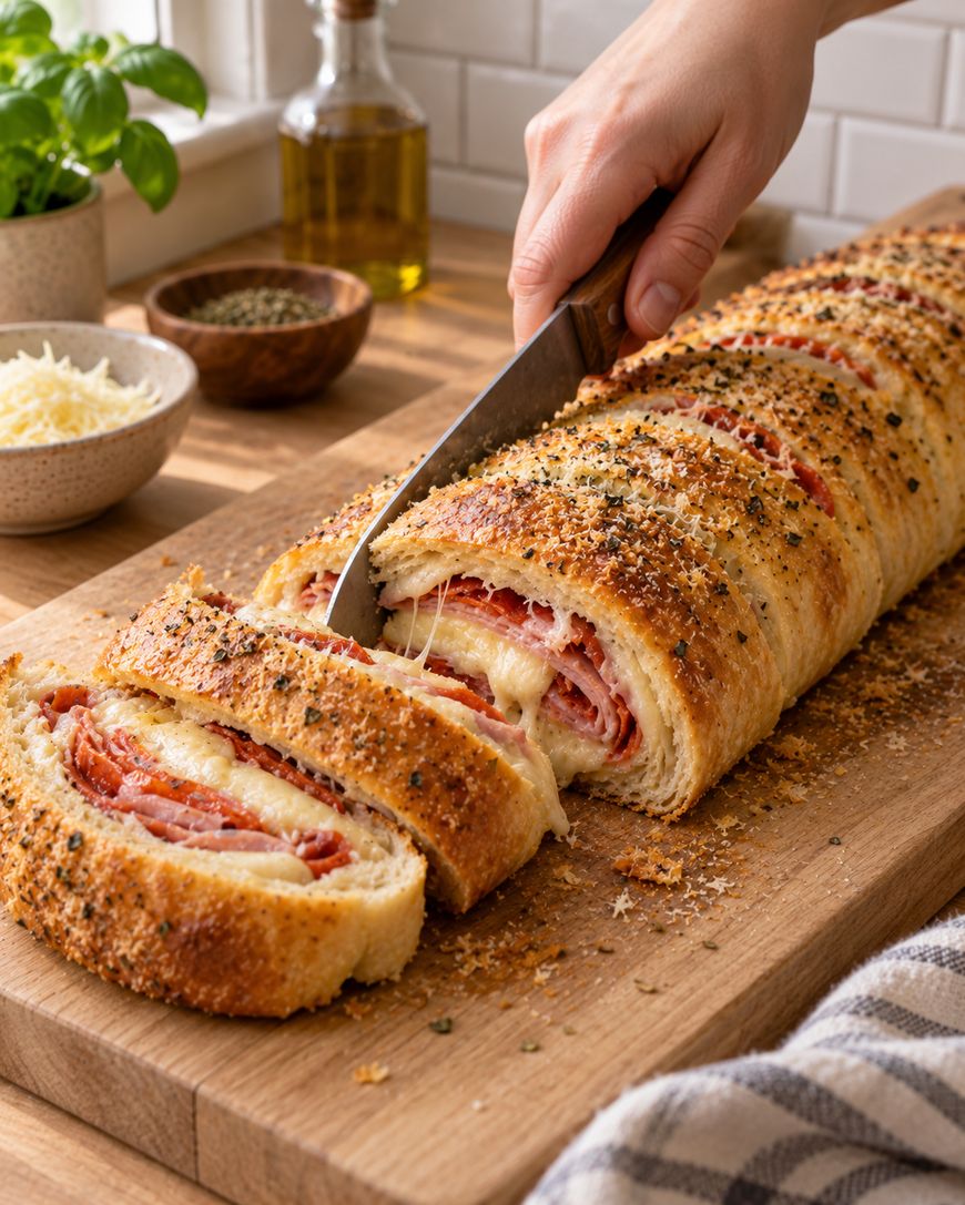 A hand slices a freshly baked, golden-brown stromboli filled with layers of melted cheese and meats on a wooden cutting board. Bowls of grated cheese and herbs sit nearby.