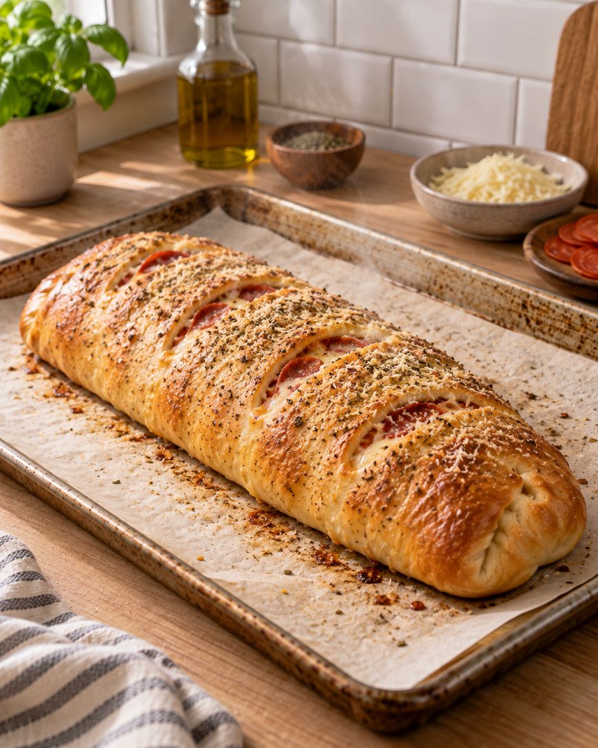 A freshly baked stromboli with a golden crust, sprinkled with herbs, sits on a parchment-lined baking sheet in a cozy kitchen setting.