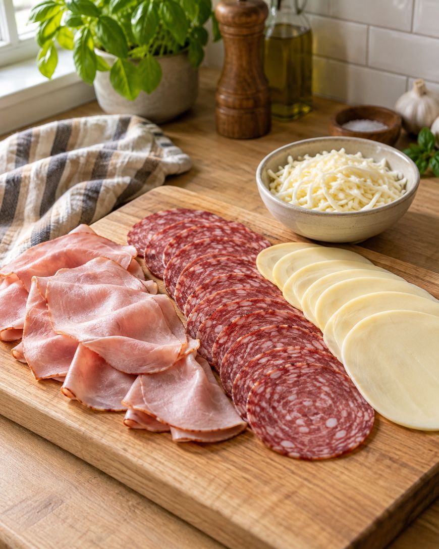 A wooden board with slices of ham, salami, and provolone cheese, next to a bowl of shredded cheese. A pepper grinder, basil plant, olive oil, and garlic are in the background.