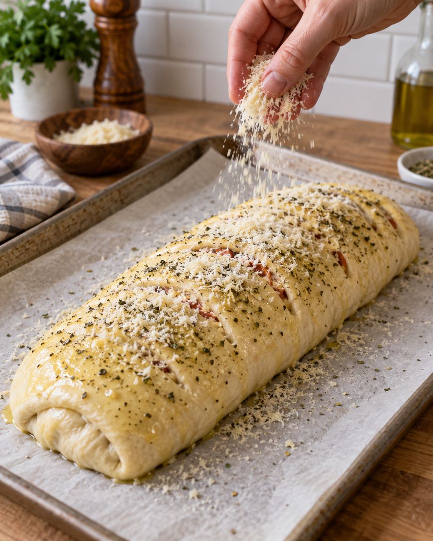 A hand sprinkles grated cheese over an unbaked, rolled bread loaf topped with herbs on a parchment-lined baking sheet in a kitchen setting.