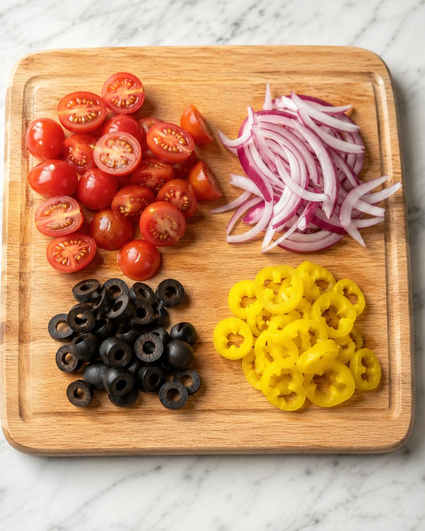 A wooden tray with piles of halved cherry tomatoes, sliced red onions, black olives, and sliced yellow banana peppers on a marble surface.