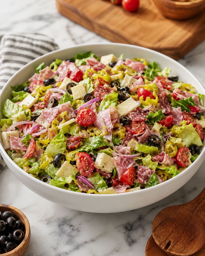 A large bowl of Italian chopped salad with lettuce, cherry tomatoes, cheese cubes, olives, red onion, pepperoncini, and slices of cured meats on a marble surface, with wooden utensils and a striped napkin nearby.