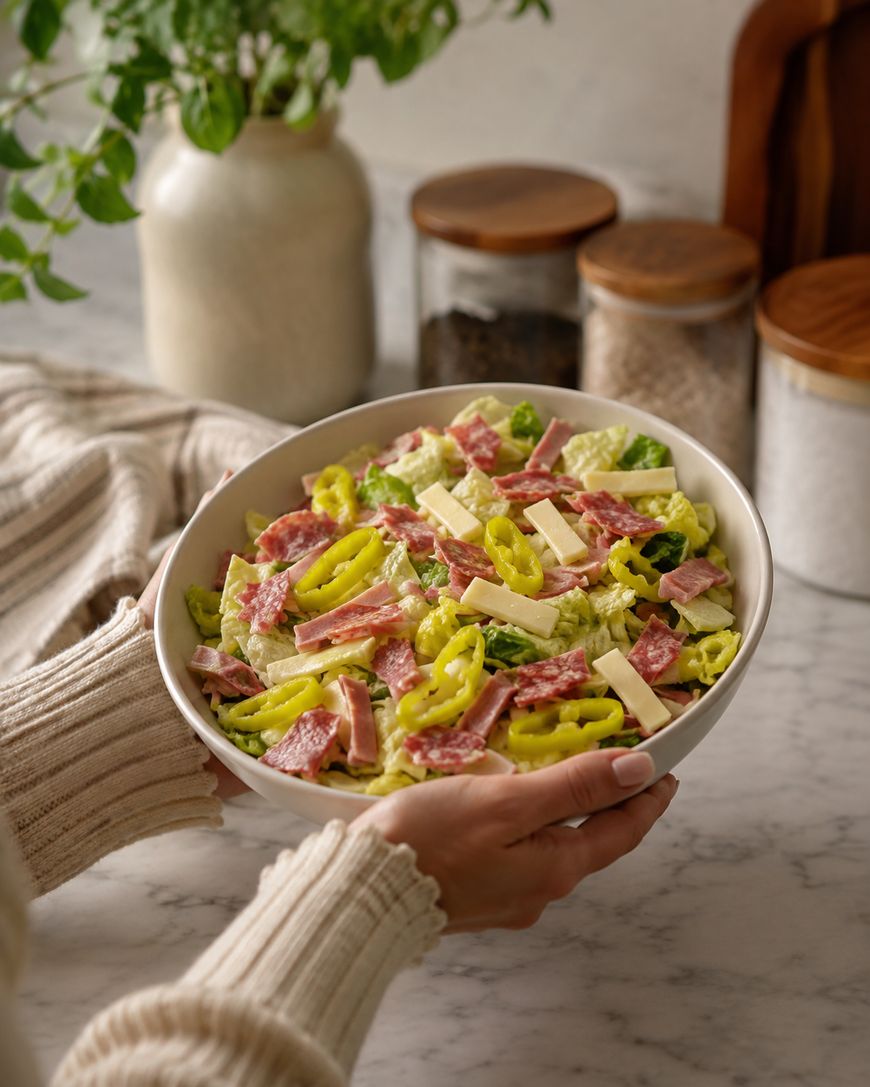 A person holds a bowl of salad with lettuce, salami, ham, cheese slices, banana peppers, and dressing on a marble counter. Jars and a vase with green leaves are in the background.