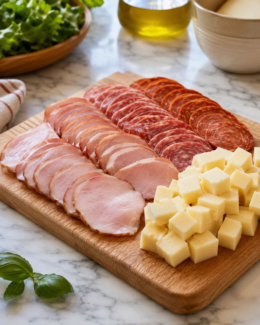A wooden board with sliced deli meats and cubes of cheese, placed on a marble counter. Lettuce, olive oil, and a bowl are in the background.