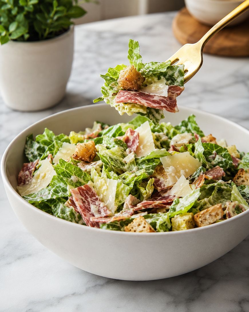 A white bowl of Caesar salad with romaine lettuce, croutons, shaved cheese, and slices of salami. A fork holds a bite above the bowl. A green potted plant is visible in the background.