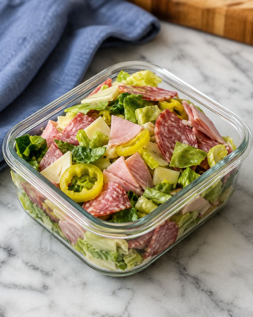 A glass container filled with chopped salad, including lettuce, salami, ham, cheese slices, and yellow pepper rings, sits on a marble countertop near a blue cloth.