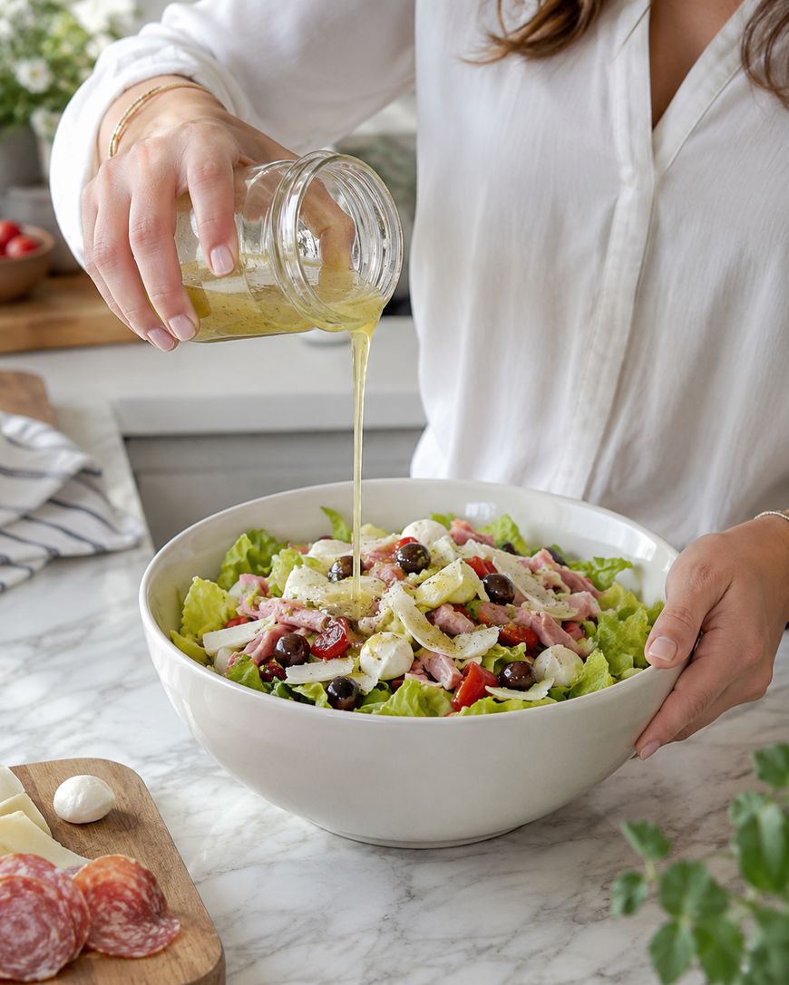 A person pours dressing from a jar onto a large bowl of salad with lettuce, olives, cheese, and meats, set on a marble countertop in a bright kitchen.