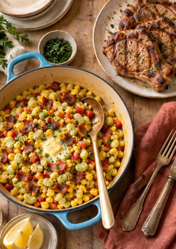 A blue pot filled with succotash topped with butter sits on a table next to grilled pork chops, herbs, lemon wedges, and silverware on a brown napkin.