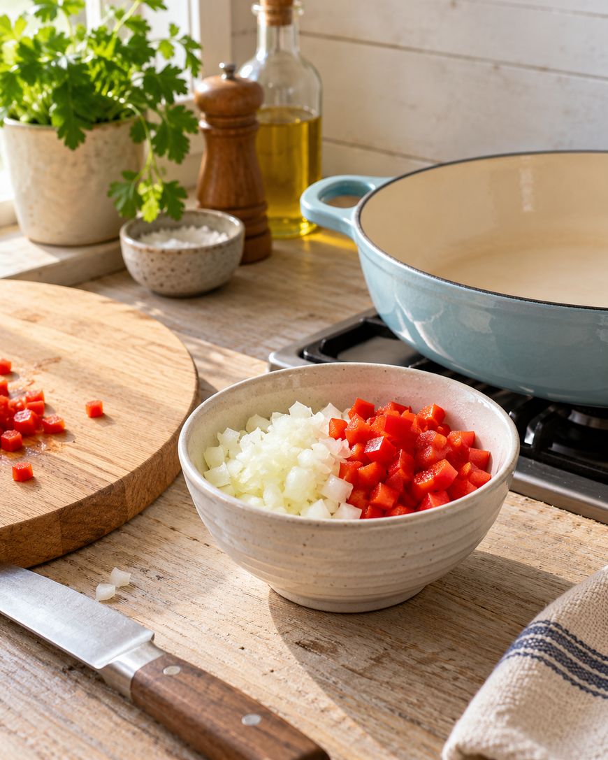 A bowl with chopped onions and red bell peppers sits on a wooden counter near a cutting board, knife, Dutch oven, parsley, salt, oil, and pepper in a sunlit kitchen.
