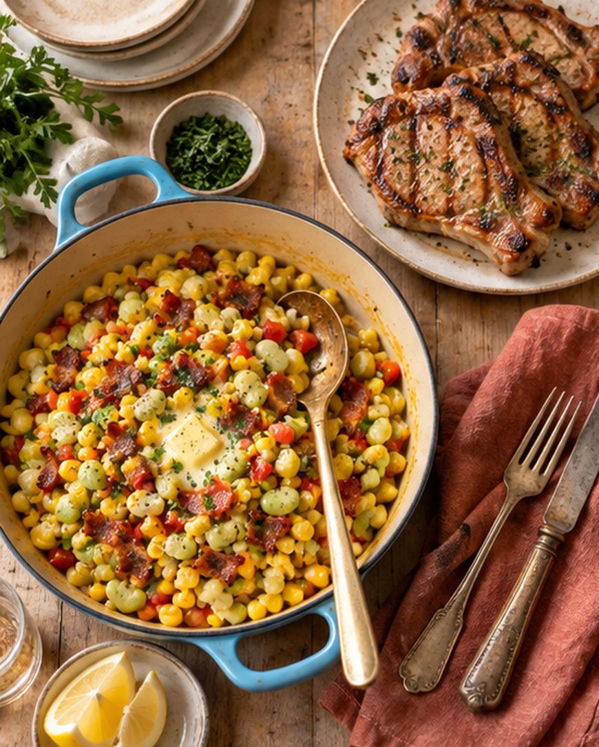 A blue pot of succotash with corn, lima beans, red peppers, and a pat of butter sits on a table beside grilled pork chops, fresh herbs, lemon wedges, and vintage cutlery.
