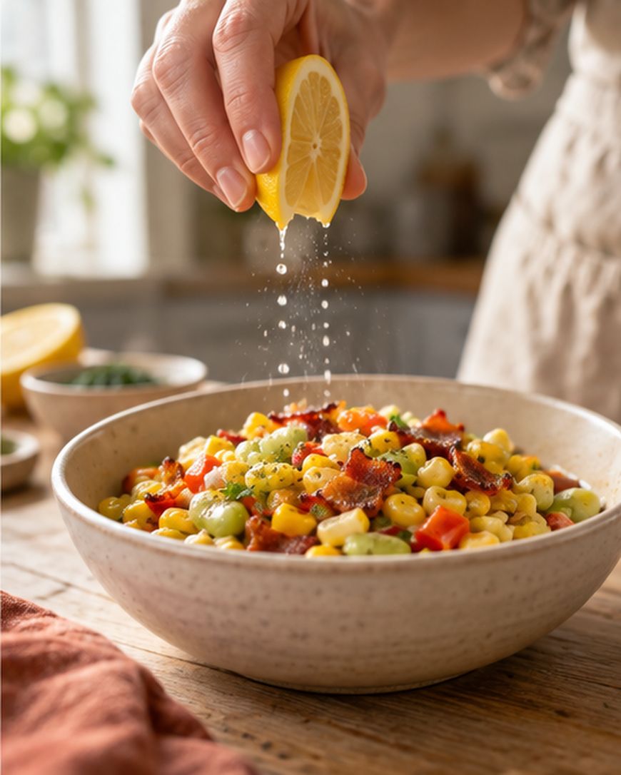 A hand squeezes a lemon over a bowl of colorful corn salad with beans, red peppers, and chopped herbs on a wooden table.