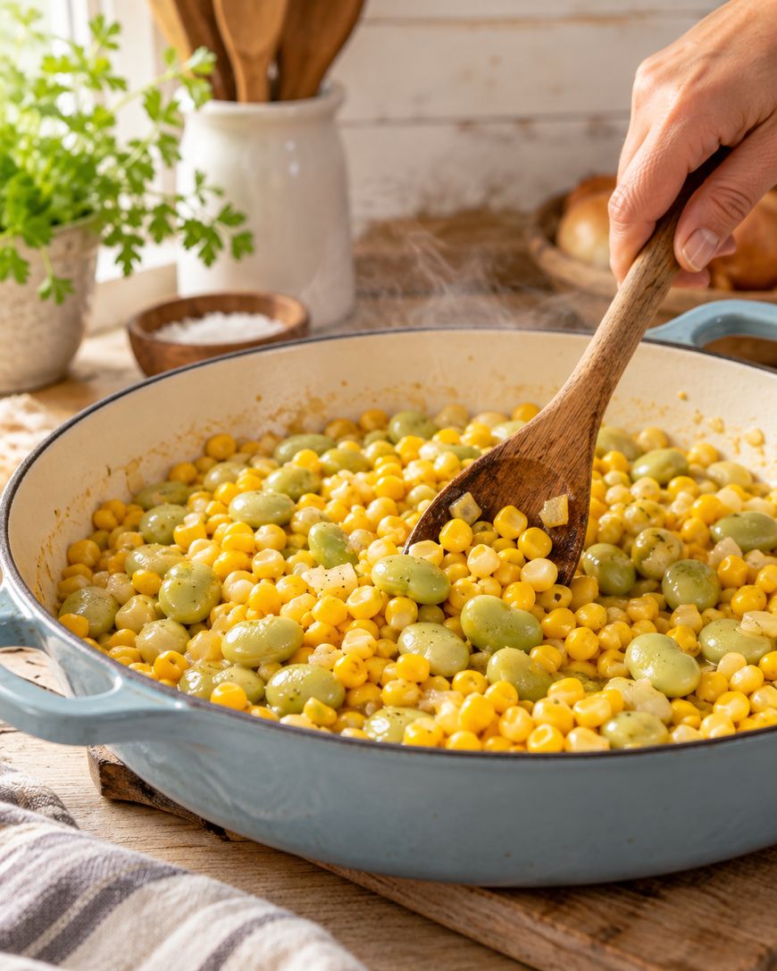 A hand stirs a pan of cooked corn and lima beans with a wooden spoon in a blue pot on a wooden table, with herbs and kitchen utensils in the background.