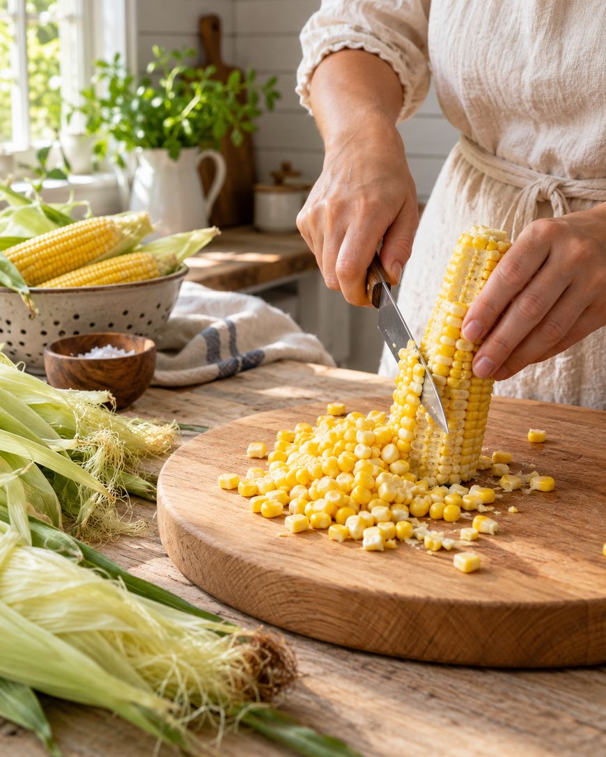 A person in a light dress cuts corn kernels off a cob on a wooden cutting board in a bright kitchen, with fresh corn and herbs visible in the background.