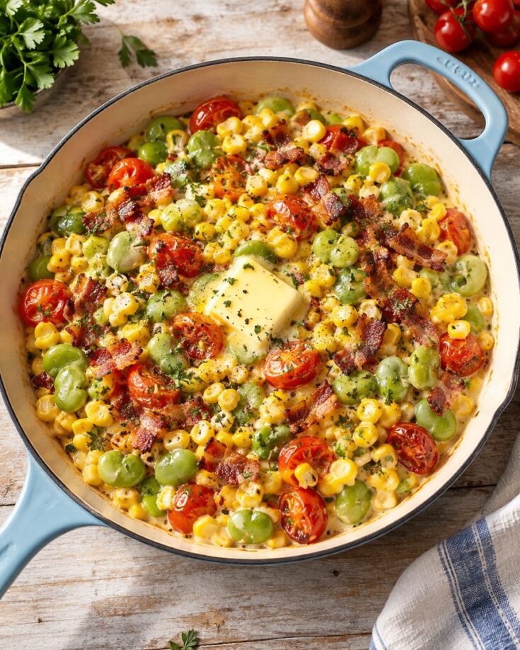 A skillet filled with corn, lima beans, cherry tomatoes, crispy bacon bits, herbs, and a pat of melted butter, placed on a wooden surface next to parsley, tomatoes, and a blue towel.