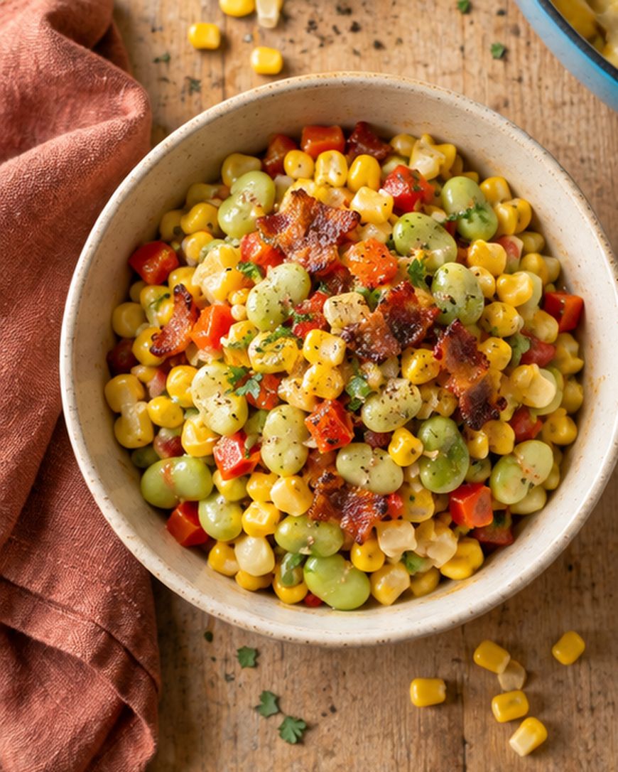A bowl of succotash featuring corn, lima beans, diced red bell pepper, and crumbled bacon, garnished with black pepper and parsley, sits on a wooden table next to a rust-colored napkin.