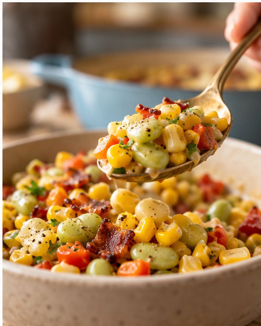 A spoonful of colorful succotash with corn, lima beans, diced red peppers, and bacon is lifted from a bowl. The dish is garnished with black pepper and fresh herbs.
