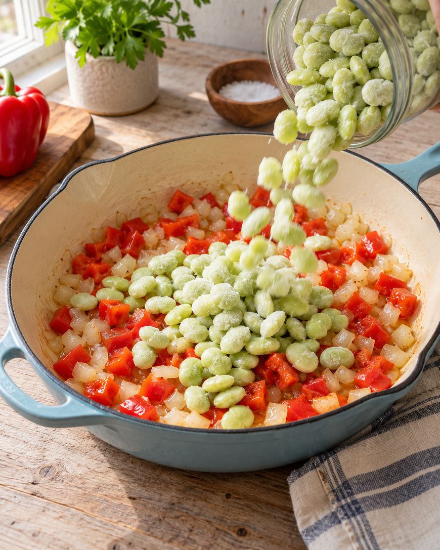 Chopped onions and red bell peppers sauté in a pot while frozen lima beans are poured in from a jar. A red pepper, parsley, and salt are on the wooden counter nearby.