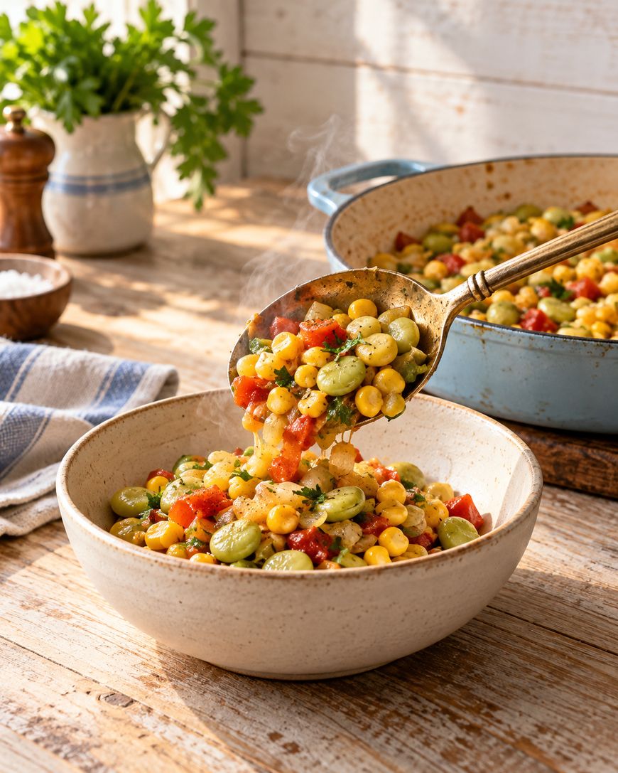 A spoon serves a warm vegetable stew with corn, lima beans, and tomatoes into a rustic bowl on a wooden table. A blue pot, herbs, and kitchen towels are in the background.