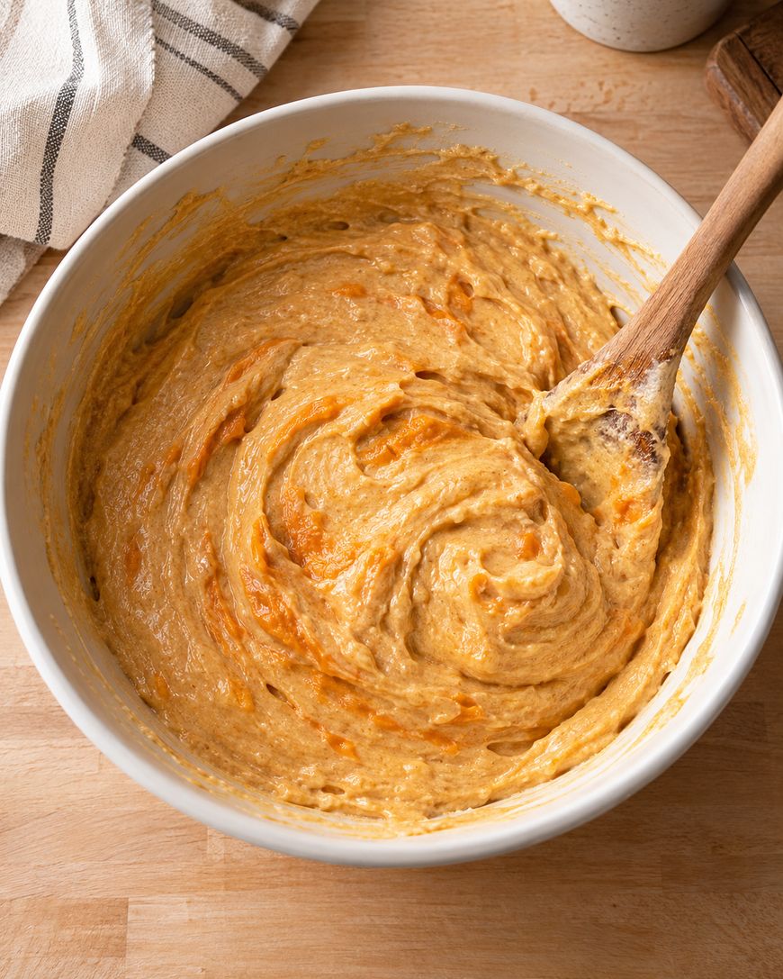 A white bowl filled with thick, swirled batter and a wooden spoon rests inside. The bowl sits on a wooden surface with a striped towel partially visible in the top left corner.
