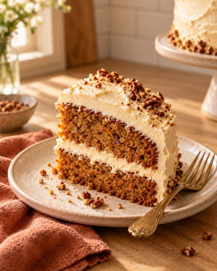 A slice of two-layer carrot cake with cream cheese frosting and chopped pecans sits on a plate with a fork. A whole cake and a bowl of pecans are in the background on a wooden table.