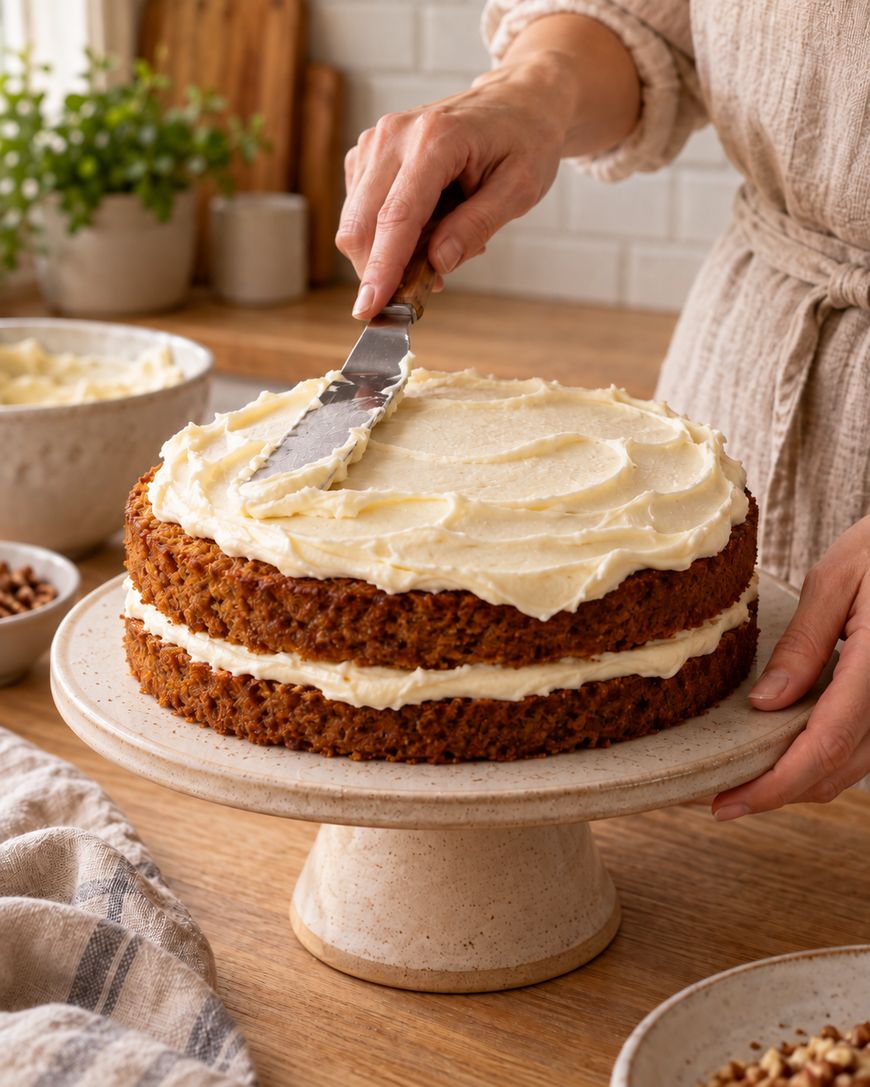 A person spreads creamy frosting on a two-layer cake with a spatula. The cake sits on a stand in a cozy kitchen setting, and bowls of frosting and nuts are nearby.