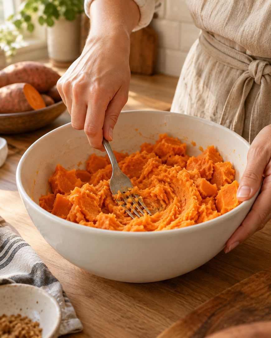 A person mashes cooked sweet potatoes in a large white bowl with a fork on a wooden countertop, with whole sweet potatoes and various ingredients nearby.