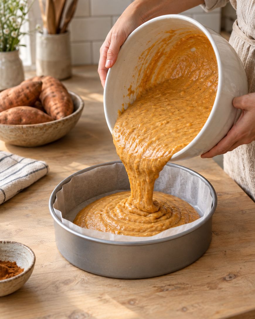 A person pours orange cake batter from a bowl into a round cake pan lined with parchment paper. Sweet potatoes and baking items are on the wooden counter.