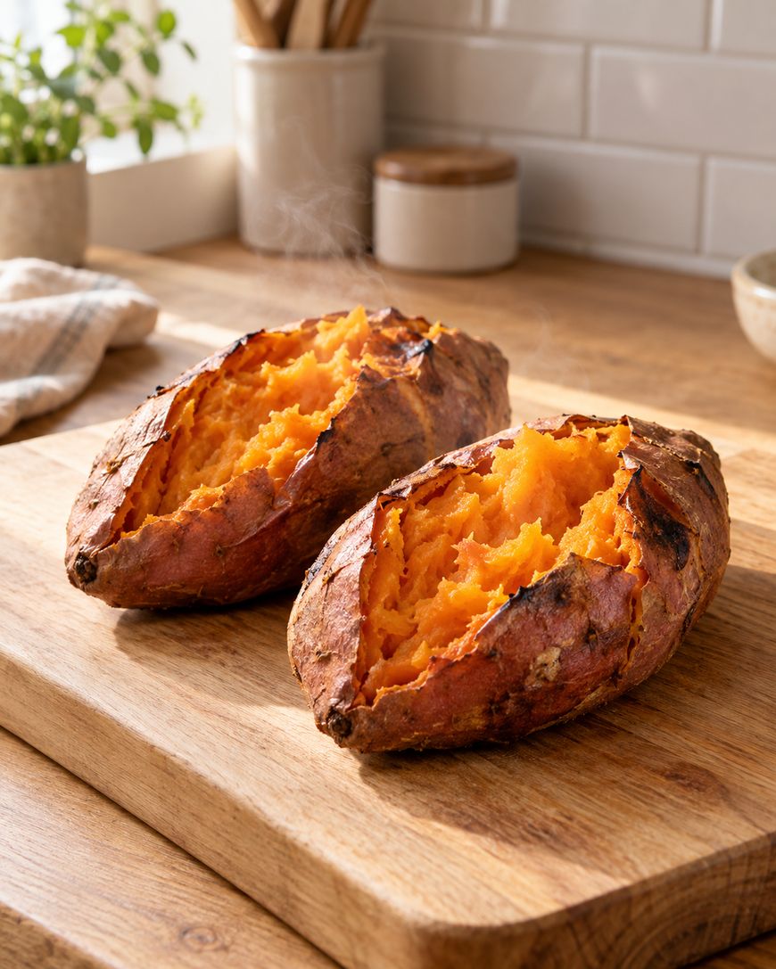 Two baked sweet potatoes split open, showing their orange, fluffy insides. They sit on a wooden cutting board in a kitchen with sunlight streaming in and some kitchen items blurred in the background.
