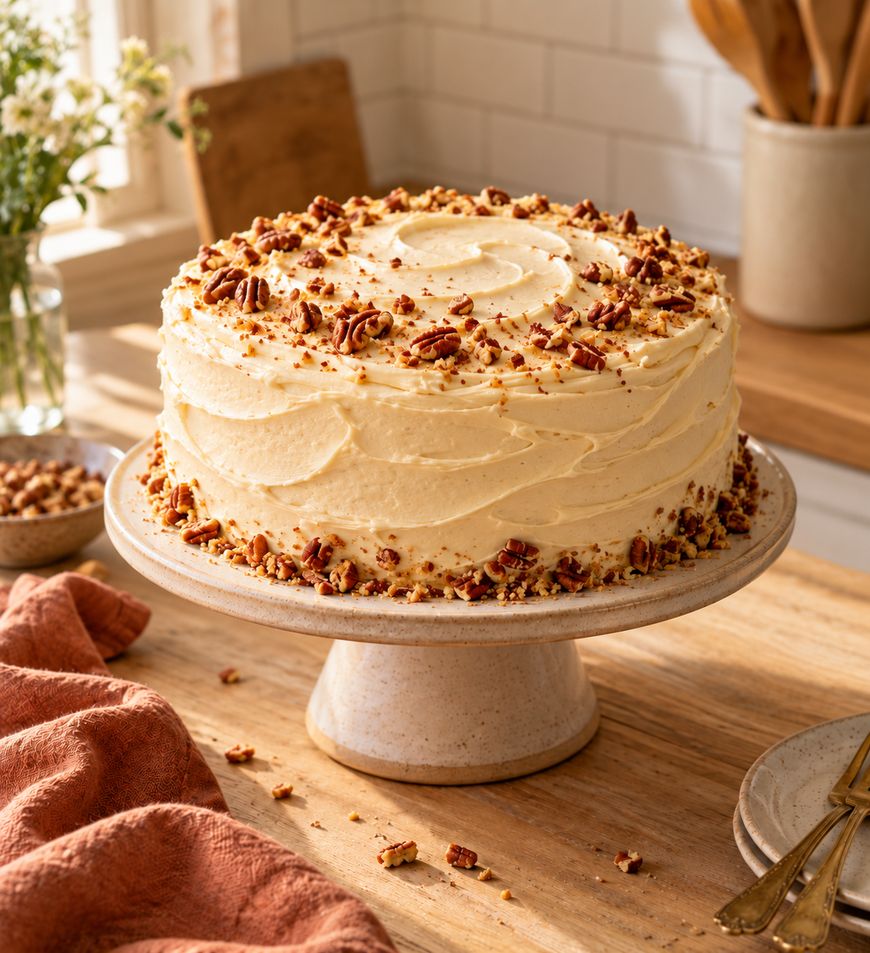 A frosted layer cake topped with chopped pecans sits on a ceramic cake stand on a wooden table, with a peach napkin and kitchen utensils in the background.