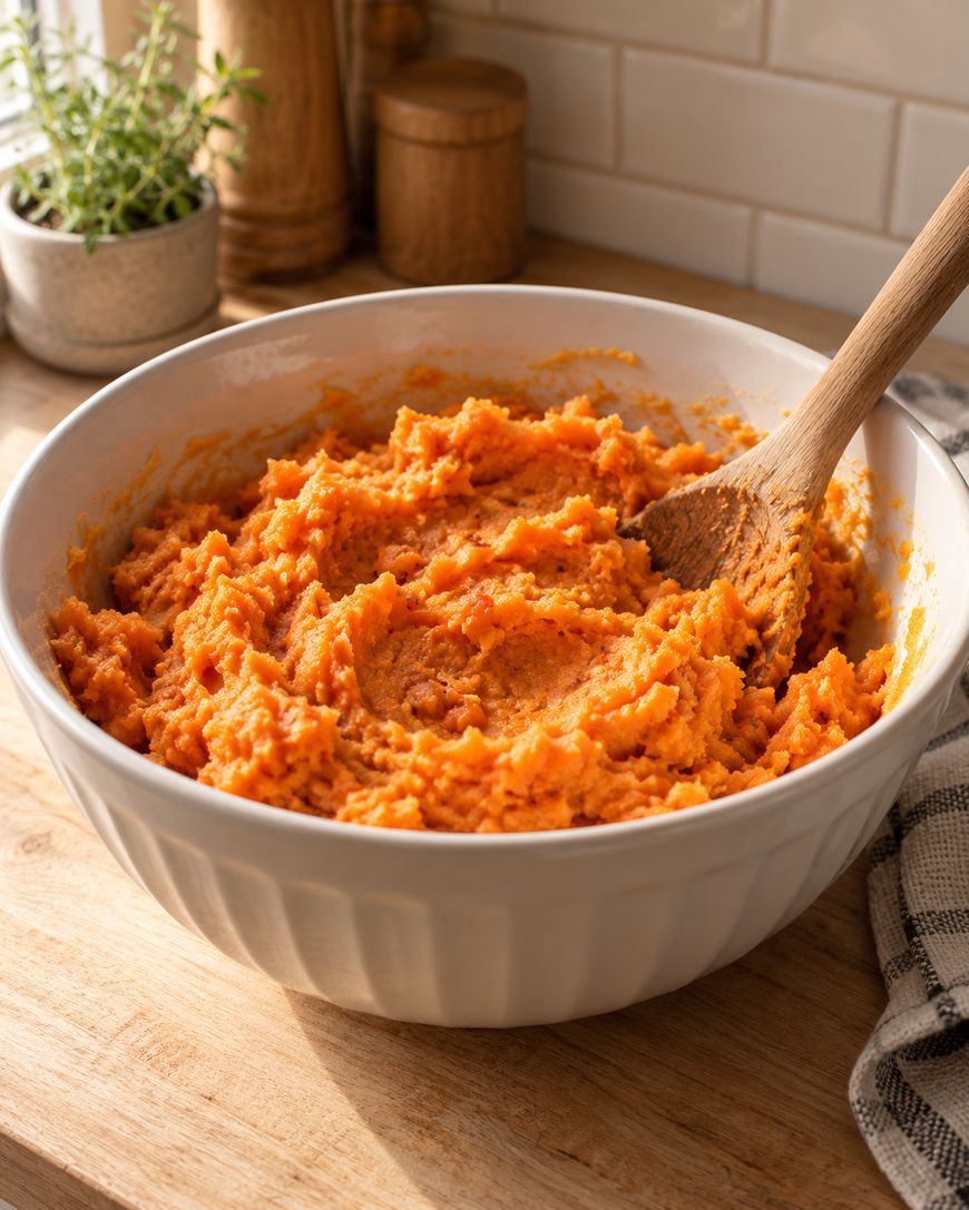 A large white bowl filled with mashed sweet potatoes sits on a wooden countertop. A wooden spoon is resting in the bowl. There are spice containers and a potted herb plant in the background.