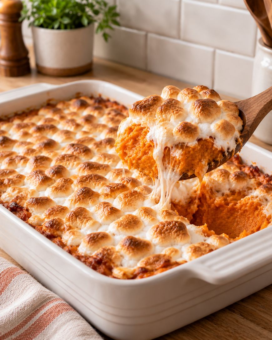 A wooden spoon lifts a serving of sweet potato casserole topped with toasted marshmallows from a white baking dish on a kitchen counter.