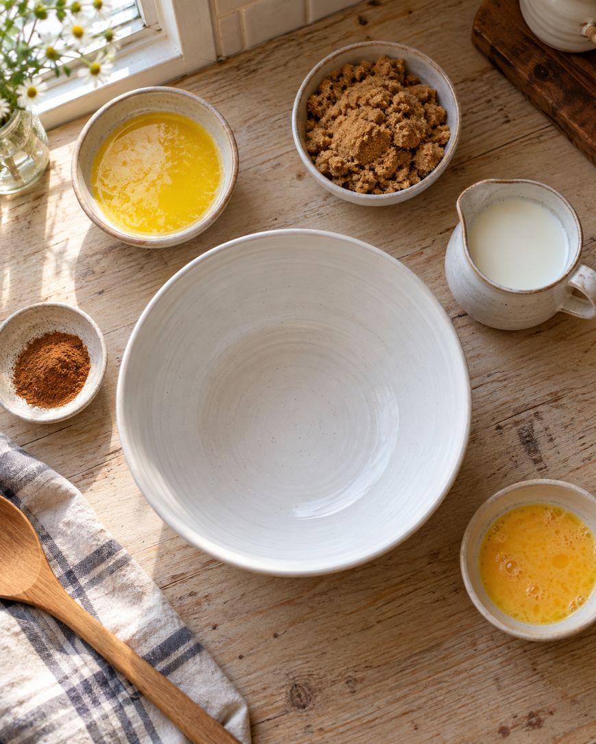 A mixing bowl sits on a wooden table surrounded by small bowls of melted butter, brown sugar, milk, beaten egg, and spices, with a wooden spoon and striped towel nearby.