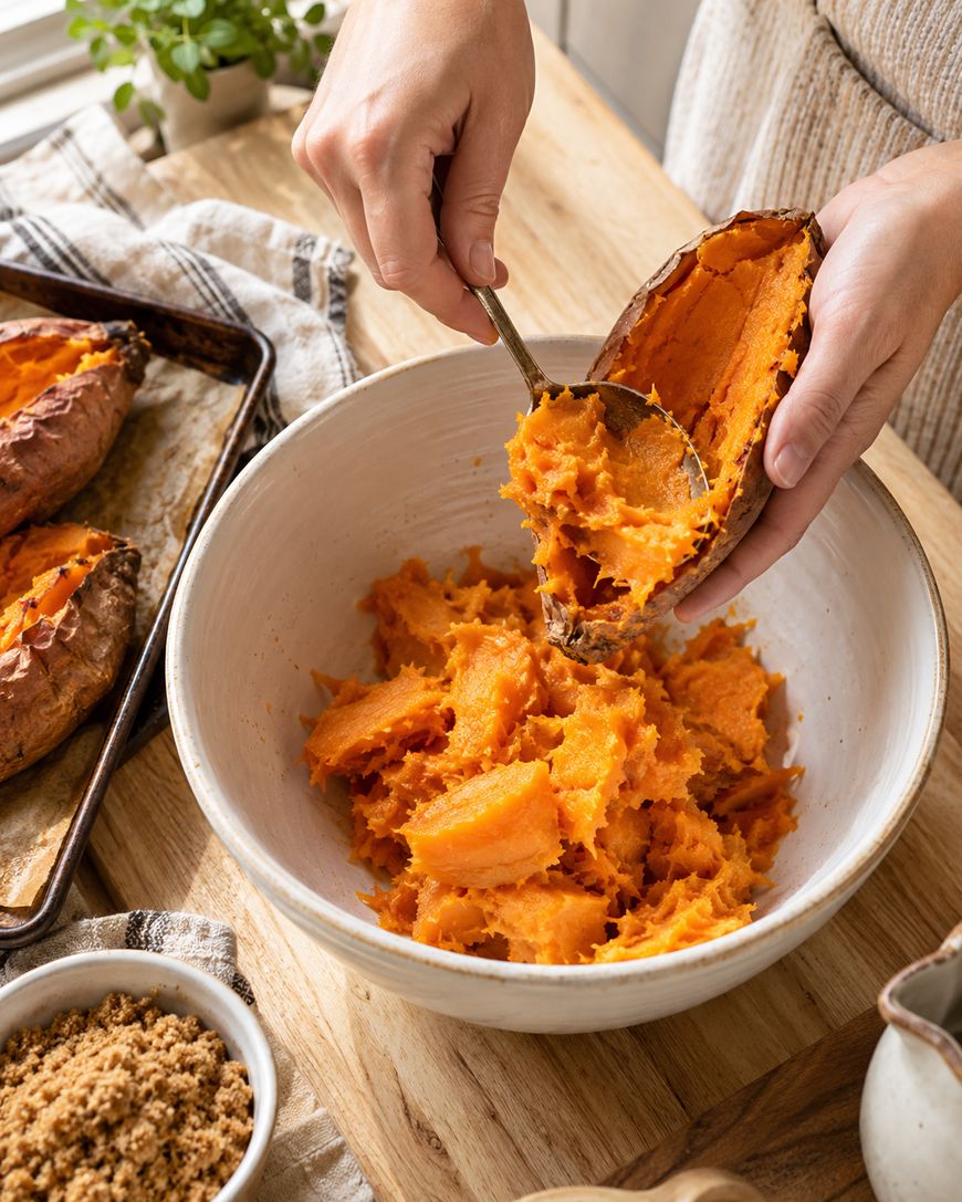 Hands scoop roasted sweet potato flesh into a white bowl on a wooden table, with a baking tray of sweet potatoes and a small bowl of brown sugar nearby.
