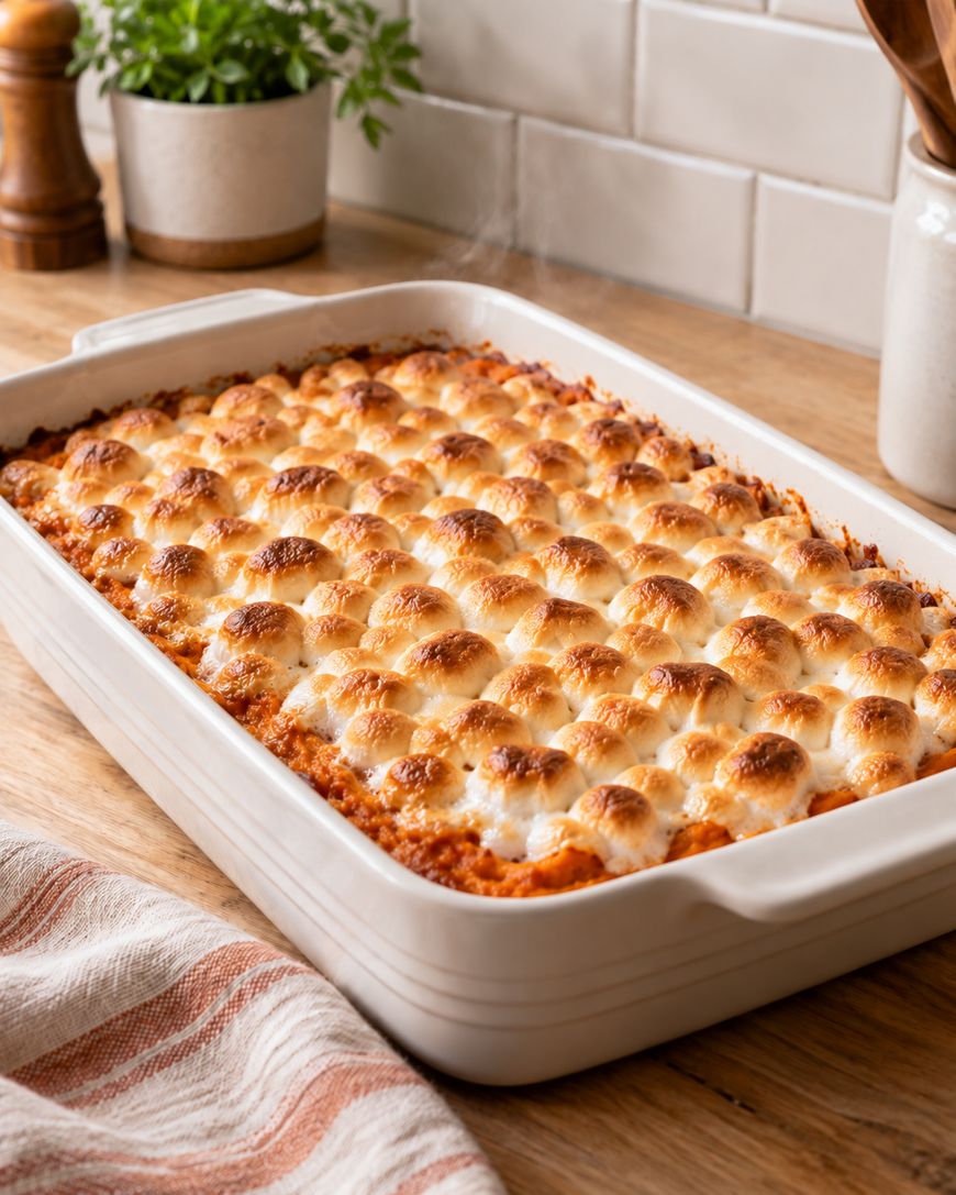 A baked casserole topped with golden-brown toasted marshmallows in a white dish sits on a wooden countertop, with a striped towel and green plant nearby.