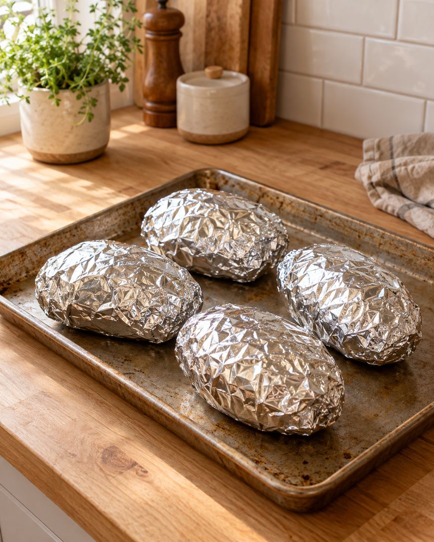Four foil-wrapped baked potatoes sit on a metal baking sheet on a wooden kitchen counter, with kitchen items like a plant, pepper grinder, and container in the background.