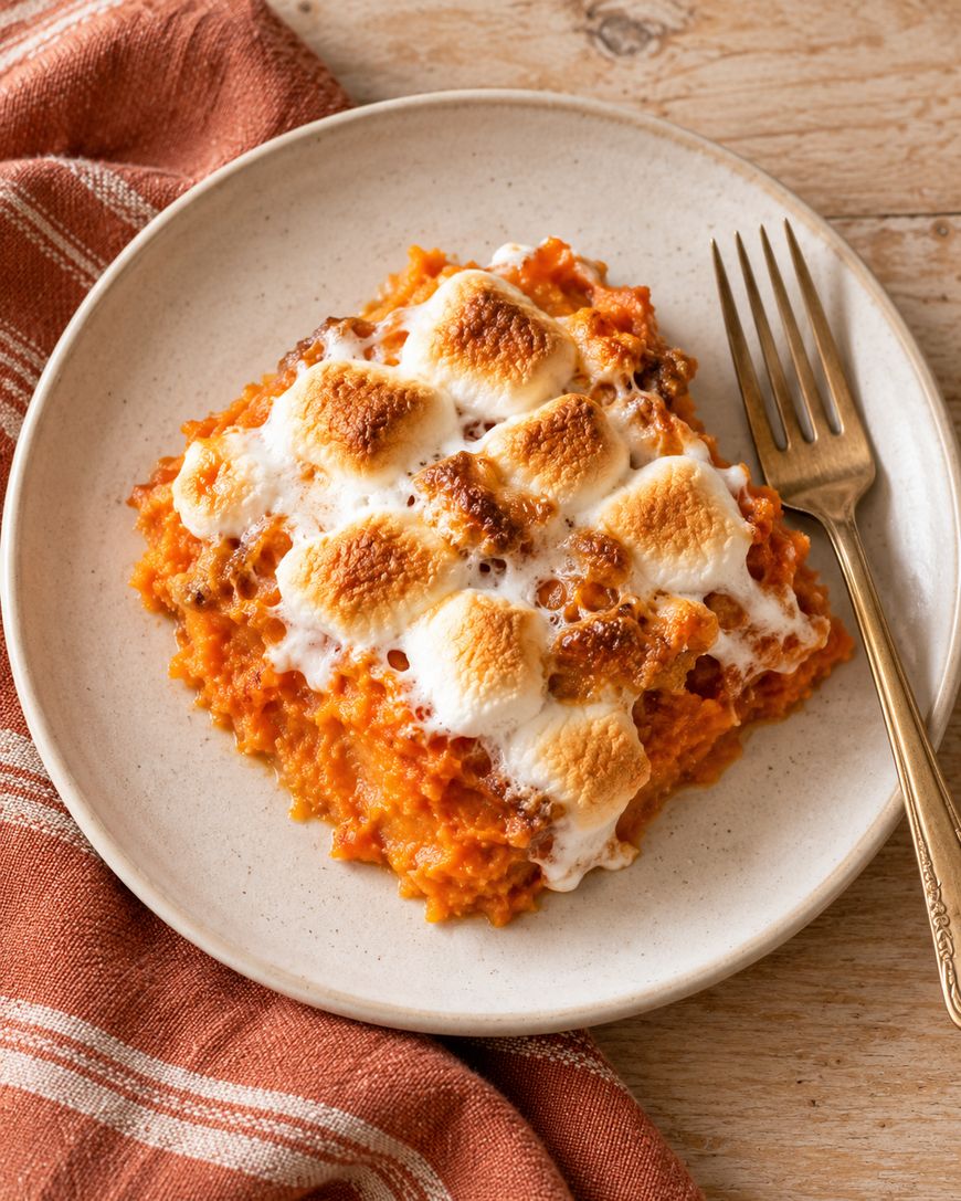 A square serving of sweet potato casserole topped with toasted marshmallows on a beige plate with a gold fork, set on a wooden table with a rust-colored striped cloth.