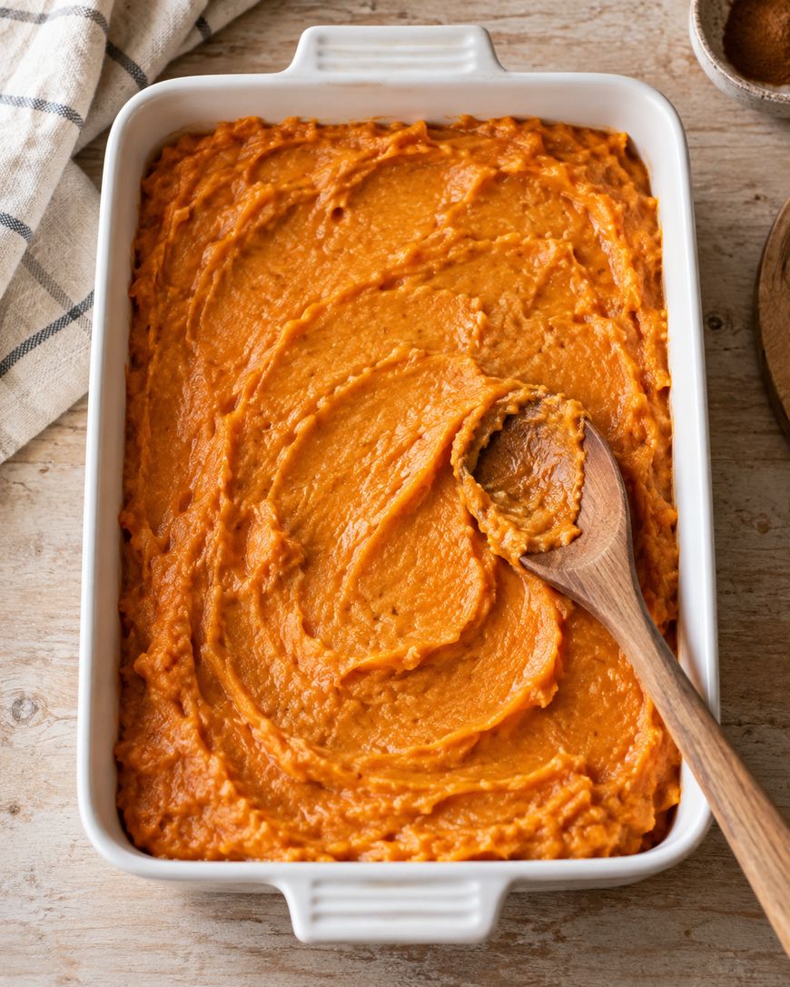 A white baking dish filled with smooth, swirled mashed sweet potatoes, with a wooden spoon resting on top. A striped cloth and small wooden bowls are nearby on a light wooden surface.