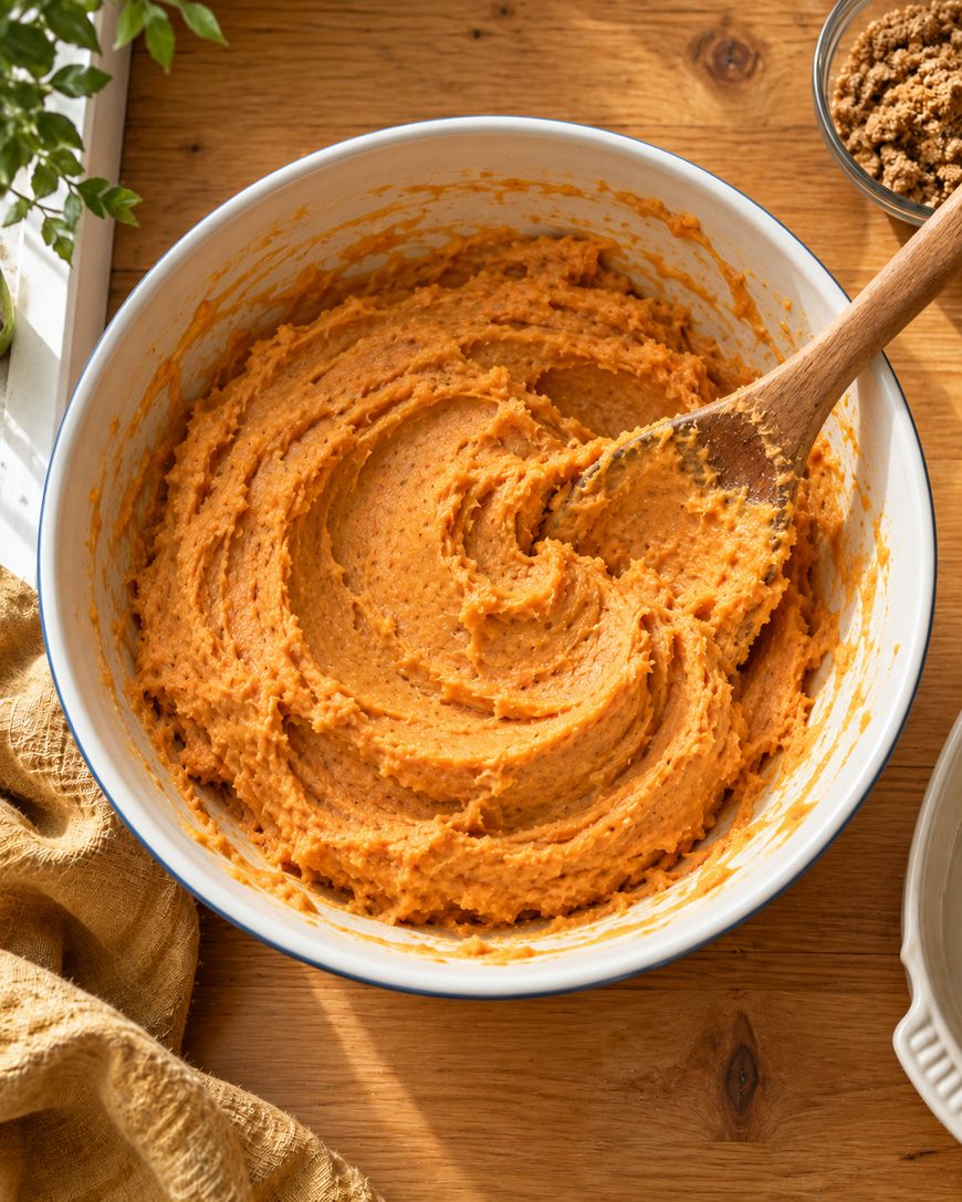 A large white mixing bowl with orange batter and a wooden spoon sits on a wooden surface, next to a towel, green plant, and a bowl of brown sugar.