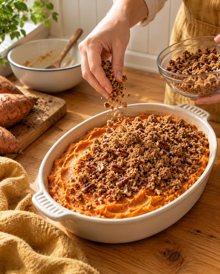 A person sprinkles a crumbly topping over a dish of mashed sweet potatoes in a white baking dish, with sweet potatoes and a mixing bowl visible in the background.