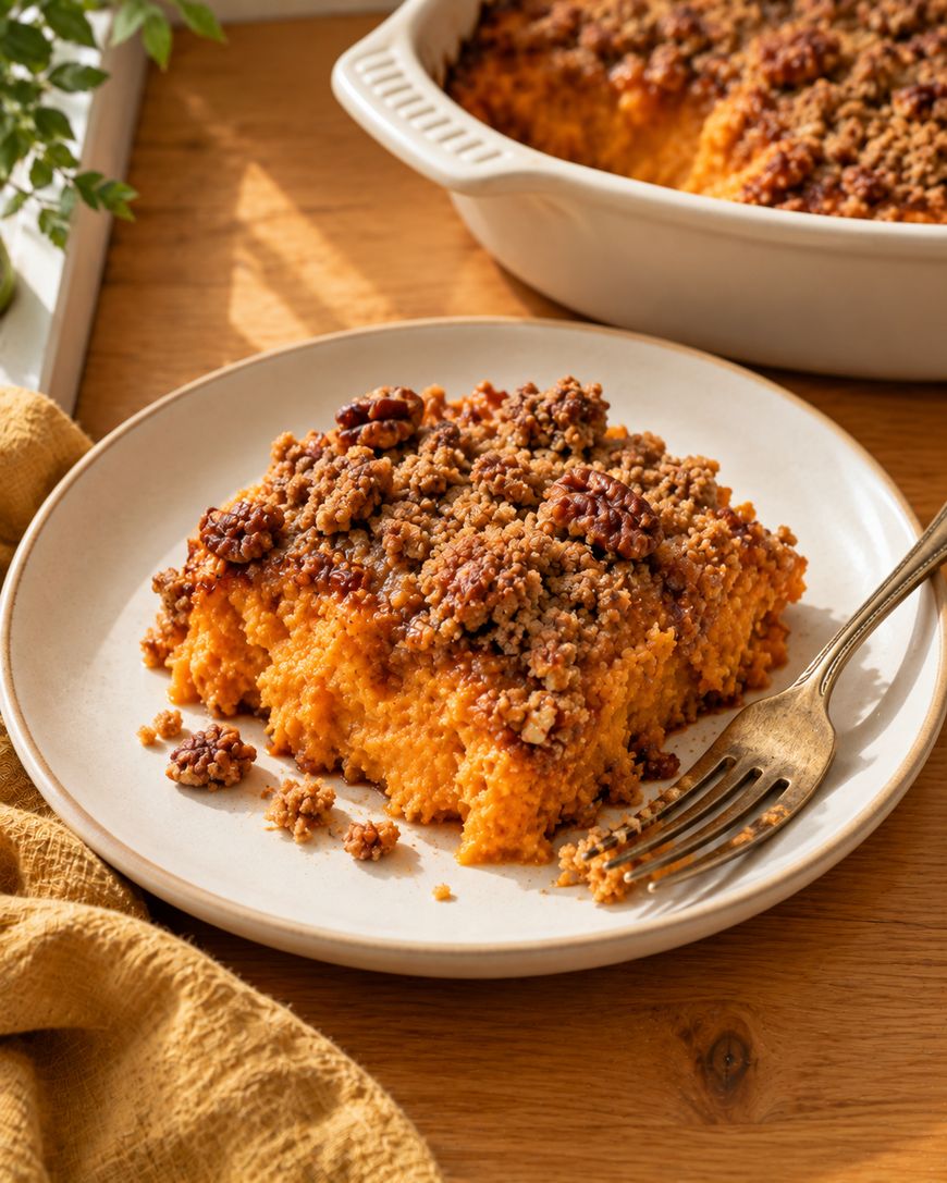A slice of sweet potato casserole with a crunchy pecan crumble topping sits on a white plate with a fork. The casserole dish in the background has a portion missing. Sunlight streams onto the wooden table.