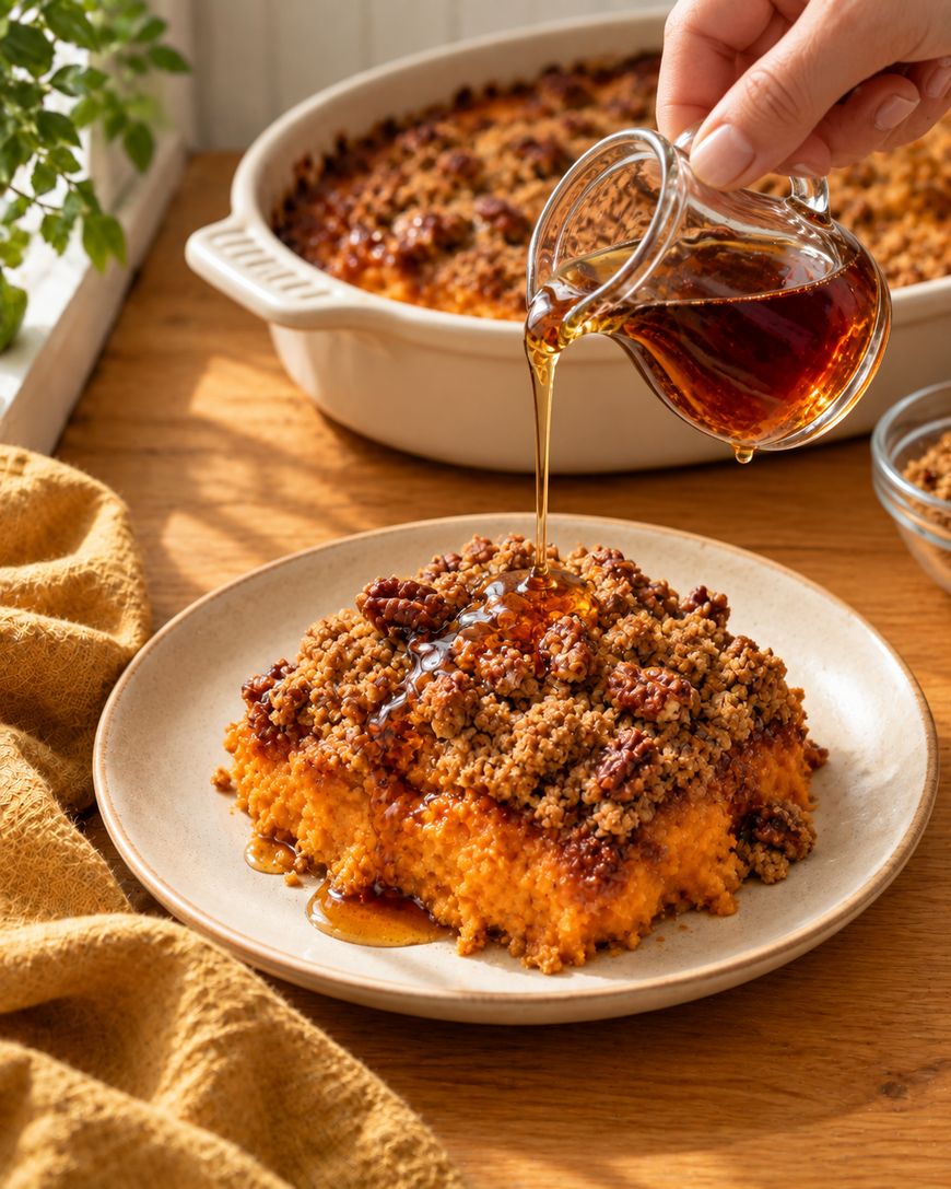 A hand pours syrup over a serving of sweet potato casserole with a pecan crumble topping on a plate, with the rest of the casserole in a baking dish in the background.