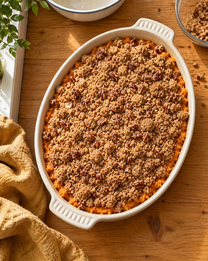 Oval casserole dish filled with sweet potato casserole topped with a pecan crumble, set on a wooden table with a yellow cloth and greenery nearby.