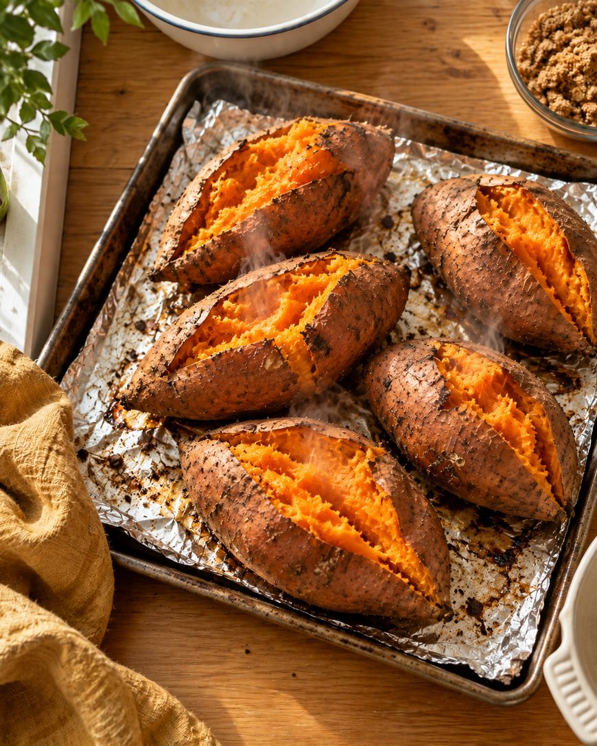 Four baked sweet potatoes with split, steaming tops rest on a foil-lined baking sheet, placed on a wooden table next to a tan cloth and bowls with ingredients.