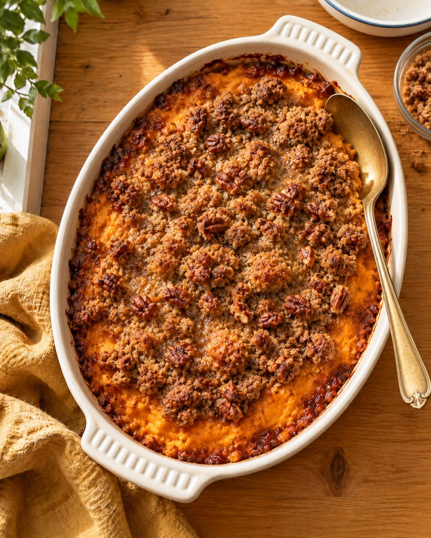 A baked sweet potato casserole topped with a crispy pecan streusel sits in a white oval dish, with a gold serving spoon and a yellow cloth beside it on a wooden table.