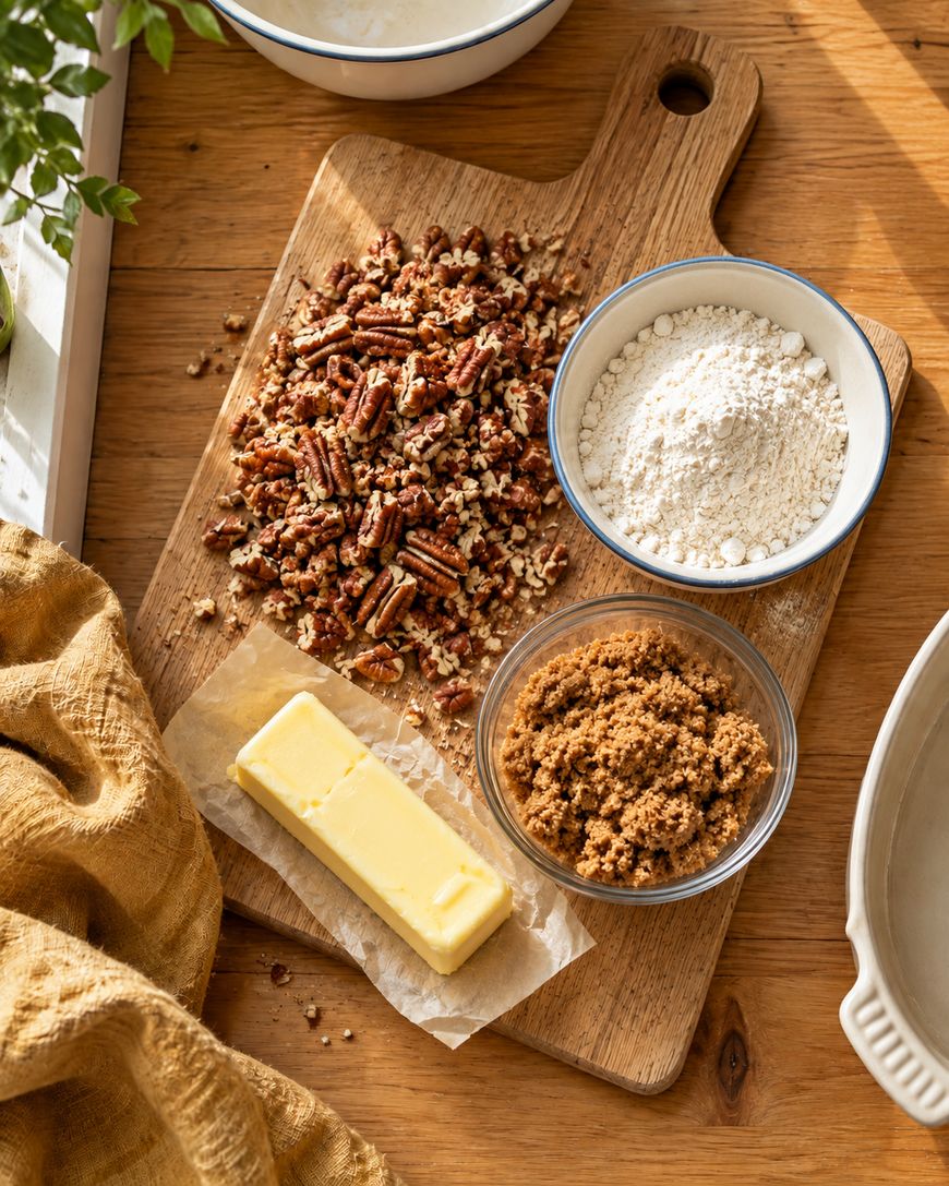 Chopped pecans, flour, brown sugar in bowls, and a stick of butter on a wooden cutting board, with a yellow cloth nearby on a wooden table.